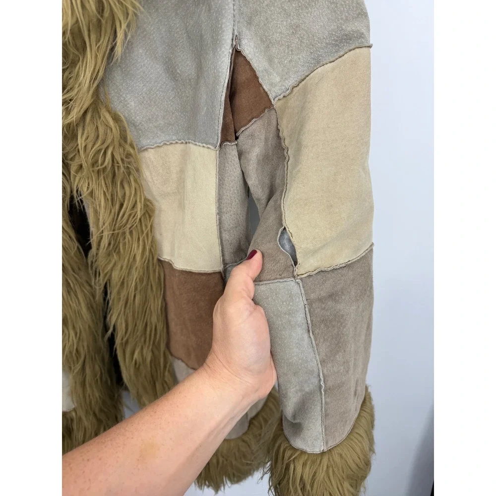 Esprit Patchwork Suede Faux Fur Trim Coat Womens Medium Brown Boho Penny Lane